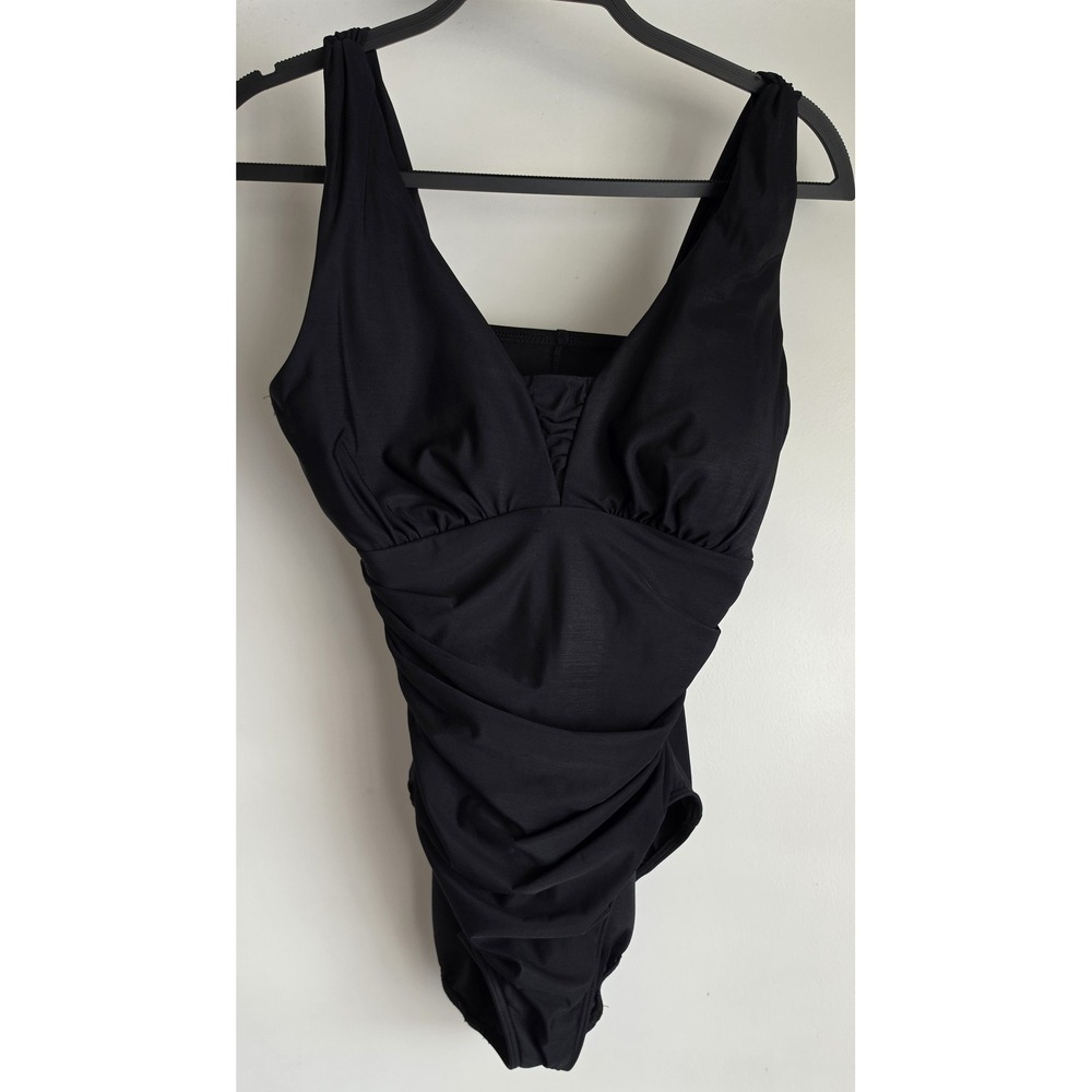 Lands' End Women's One Piece Swimsuit Size 14 Black Solid V-Neck Sleeveless